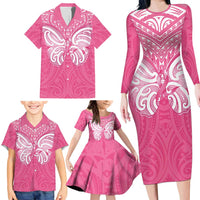 New Zealand Breast Cancer Awareness Family Matching Long Sleeve Bodycon Dress and Hawaiian Shirt Maori Butterfly Pink Ribbon - Polynesian Pride