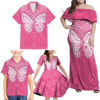 New Zealand Breast Cancer Awareness Family Matching Off Shoulder Maxi Dress and Hawaiian Shirt Maori Butterfly Pink Ribbon - Polynesian Pride
