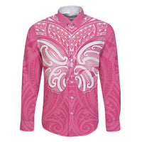 New Zealand Breast Cancer Awareness Family Matching Off Shoulder Short Dress and Hawaiian Shirt Maori Butterfly Pink Ribbon - Polynesian Pride