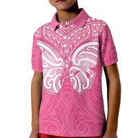 New Zealand Breast Cancer Awareness Kid Polo Shirt Maori Butterfly Pink Ribbon - Polynesian Pride