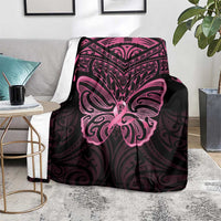 New Zealand Breast Cancer Awareness Blanket Maori Butterfly Pink Ribbon Black Version - Polynesian Pride