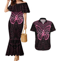 New Zealand Breast Cancer Awareness Couples Matching Mermaid Dress and Hawaiian Shirt Maori Butterfly Pink Ribbon Black Version - Polynesian Pride