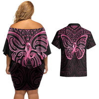 New Zealand Breast Cancer Awareness Couples Matching Off Shoulder Short Dress and Hawaiian Shirt Maori Butterfly Pink Ribbon Black Version - Polynesian Pride