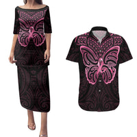 New Zealand Breast Cancer Awareness Couples Matching Puletasi and Hawaiian Shirt Maori Butterfly Pink Ribbon Black Version - Polynesian Pride