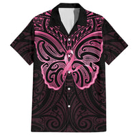 New Zealand Breast Cancer Awareness Family Matching Off Shoulder Short Dress and Hawaiian Shirt Maori Butterfly Pink Ribbon Black Version - Polynesian Pride