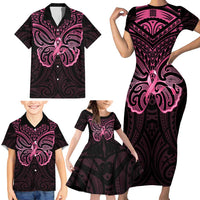 New Zealand Breast Cancer Awareness Family Matching Short Sleeve Bodycon Dress and Hawaiian Shirt Maori Butterfly Pink Ribbon Black Version - Polynesian Pride