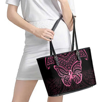 New Zealand Breast Cancer Awareness Leather Tote Bag Maori Butterfly Pink Ribbon Black Version - Polynesian Pride