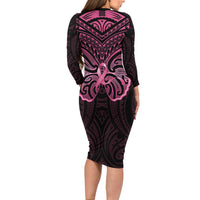 New Zealand Breast Cancer Awareness Long Sleeve Bodycon Dress Maori Butterfly Pink Ribbon Black Version - Polynesian Pride