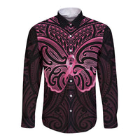 New Zealand Breast Cancer Awareness Long Sleeve Button Shirt Maori Butterfly Pink Ribbon Black Version - Polynesian Pride