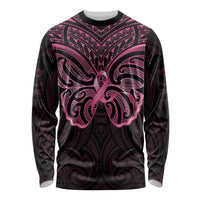 New Zealand Breast Cancer Awareness Long Sleeve Shirt Maori Butterfly Pink Ribbon Black Version - Polynesian Pride