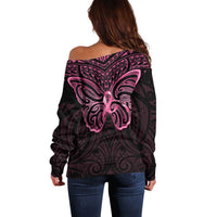 New Zealand Breast Cancer Awareness Off Shoulder Sweater Maori Butterfly Pink Ribbon Black Version - Polynesian Pride