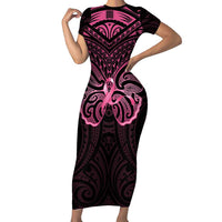 New Zealand Breast Cancer Awareness Short Sleeve Bodycon Dress Maori Butterfly Pink Ribbon Black Version - Polynesian Pride