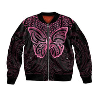 New Zealand Breast Cancer Awareness Sleeve Zip Bomber Jacket Maori Butterfly Pink Ribbon Black Version - Polynesian Pride