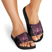 New Zealand Breast Cancer Awareness Slide Sandals Maori Butterfly Pink Ribbon Black Version - Polynesian Pride