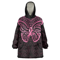 New Zealand Breast Cancer Awareness Wearable Blanket Hoodie Maori Butterfly Pink Ribbon Black Version - Polynesian Pride