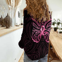 New Zealand Breast Cancer Awareness Women Casual Shirt Maori Butterfly Pink Ribbon Black Version - Polynesian Pride