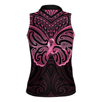 New Zealand Breast Cancer Awareness Women Sleeveless Polo Shirt Maori Butterfly Pink Ribbon Black Version - Polynesian Pride