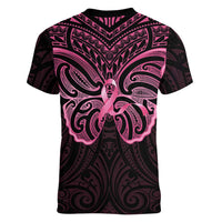 New Zealand Breast Cancer Awareness Women V-Neck T-Shirt Maori Butterfly Pink Ribbon Black Version - Polynesian Pride