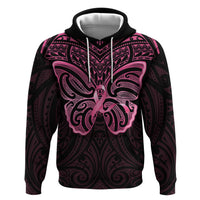 New Zealand Breast Cancer Awareness Zip Hoodie Maori Butterfly Pink Ribbon Black Version - Polynesian Pride