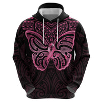 New Zealand Breast Cancer Awareness Zip Hoodie Maori Butterfly Pink Ribbon Black Version - Polynesian Pride