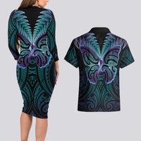 Suicide Prevention New Zealand Couples Matching Long Sleeve Bodycon Dress and Hawaiian Shirt Aotearoa Maori Butterfly Mix Silver Fern - Polynesian Pride