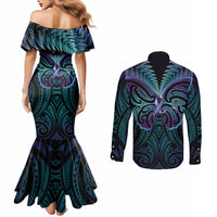 Suicide Prevention New Zealand Couples Matching Mermaid Dress and Long Sleeve Button Shirt Aotearoa Maori Butterfly Mix Silver Fern - Polynesian Pride