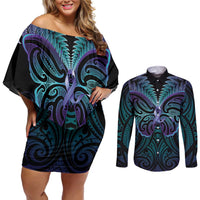 Suicide Prevention New Zealand Couples Matching Off Shoulder Short Dress and Long Sleeve Button Shirt Aotearoa Maori Butterfly Mix Silver Fern - Polynesian Pride