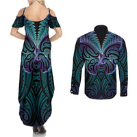 Suicide Prevention New Zealand Couples Matching Summer Maxi Dress and Long Sleeve Button Shirt Aotearoa Maori Butterfly Mix Silver Fern - Polynesian Pride