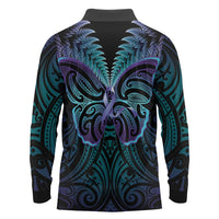 Suicide Prevention New Zealand Long Sleeve Polo Shirt Aotearoa Maori Butterfly Mix Silver Fern - Polynesian Pride