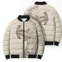 Beige Hawaii Bomber Puffer Jacket Hammerhead Shark Tattoo Curve Polynesian - Polynesian Pride