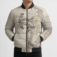Beige Hawaii Bomber Puffer Jacket Hammerhead Shark Tattoo Curve Polynesian - Polynesian Pride