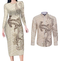 Beige Hawaii Couples Matching Long Sleeve Bodycon Dress and Long Sleeve Button Shirt Hammerhead Shark Tattoo Curve Polynesian - Polynesian Pride