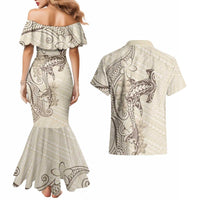 Beige Hawaii Couples Matching Mermaid Dress and Hawaiian Shirt Hammerhead Shark Tattoo Curve Polynesian - Polynesian Pride