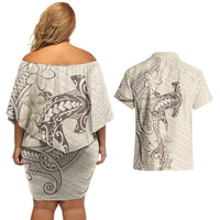 Beige Hawaii Couples Matching Off Shoulder Short Dress and Hawaiian Shirt Hammerhead Shark Tattoo Curve Polynesian - Polynesian Pride