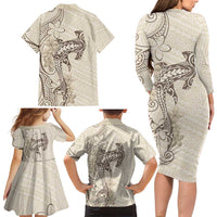 Beige Hawaii Family Matching Long Sleeve Bodycon Dress and Hawaiian Shirt Hammerhead Shark Tattoo Curve Polynesian - Polynesian Pride