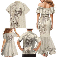 Beige Hawaii Family Matching Mermaid Dress and Hawaiian Shirt Hammerhead Shark Tattoo Curve Polynesian - Polynesian Pride