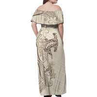 Beige Hawaii Family Matching Off Shoulder Maxi Dress and Hawaiian Shirt Hammerhead Shark Tattoo Curve Polynesian - Polynesian Pride