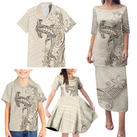 Beige Hawaii Family Matching Puletasi and Hawaiian Shirt Hammerhead Shark Tattoo Curve Polynesian - Polynesian Pride