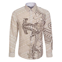 Beige Hawaii Family Matching Puletasi and Hawaiian Shirt Hammerhead Shark Tattoo Curve Polynesian - Polynesian Pride