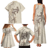 Beige Hawaii Family Matching Tank Maxi Dress and Hawaiian Shirt Hammerhead Shark Tattoo Curve Polynesian - Polynesian Pride