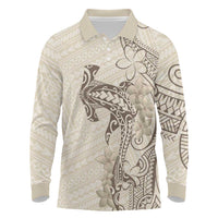 Beige Hawaii Long Sleeve Polo Shirt Hammerhead Shark Tattoo Curve Polynesian - Polynesian Pride