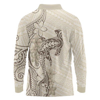 Beige Hawaii Long Sleeve Polo Shirt Hammerhead Shark Tattoo Curve Polynesian - Polynesian Pride