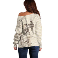 Beige Hawaii Off Shoulder Sweater Hammerhead Shark Tattoo Curve Polynesian - Polynesian Pride
