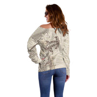 Beige Hawaii Off Shoulder Sweater Hammerhead Shark Tattoo Curve Polynesian - Polynesian Pride