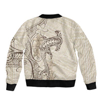 Beige Hawaii Sleeve Zip Bomber Jacket Hammerhead Shark Tattoo Curve Polynesian - Polynesian Pride