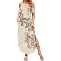 Beige Hawaii Summer Maxi Dress Hammerhead Shark Tattoo Curve Polynesian - Polynesian Pride