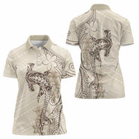 Beige Hawaii Women Polo Shirt Hammerhead Shark Tattoo Curve Polynesian - Polynesian Pride