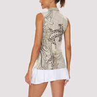 Beige Hawaii Women Sleeveless Polo Shirt Hammerhead Shark Tattoo Curve Polynesian - Polynesian Pride