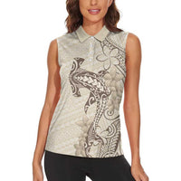 Beige Hawaii Women Sleeveless Polo Shirt Hammerhead Shark Tattoo Curve Polynesian - Polynesian Pride