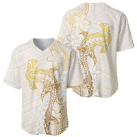 Gold and White Hawaii Baseball Jersey Hammerhead Shark Tattoo Curve Polynesian - Polynesian Pride